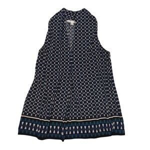 Max Studio Blouse womens M Blue White‎ sleeveless geometric V Neck Flowy Casual